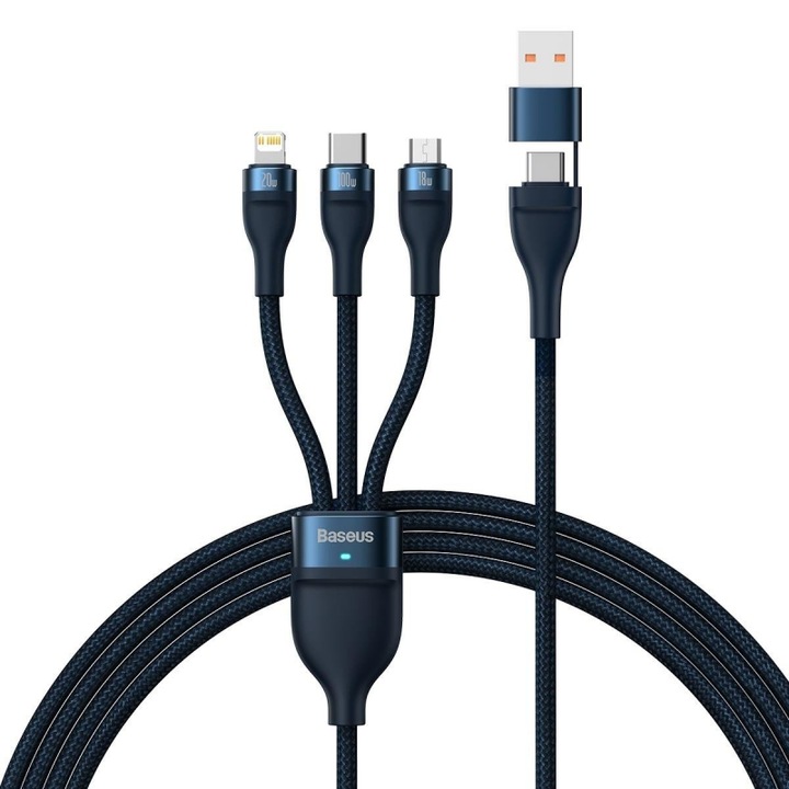 Cablu Incarcare Baseus, Flash Series II CASS030103, USB - USB Type-C la tip Lightning / MicroUSB / USB Type-C, 1.2m, 100W, Bleumarin