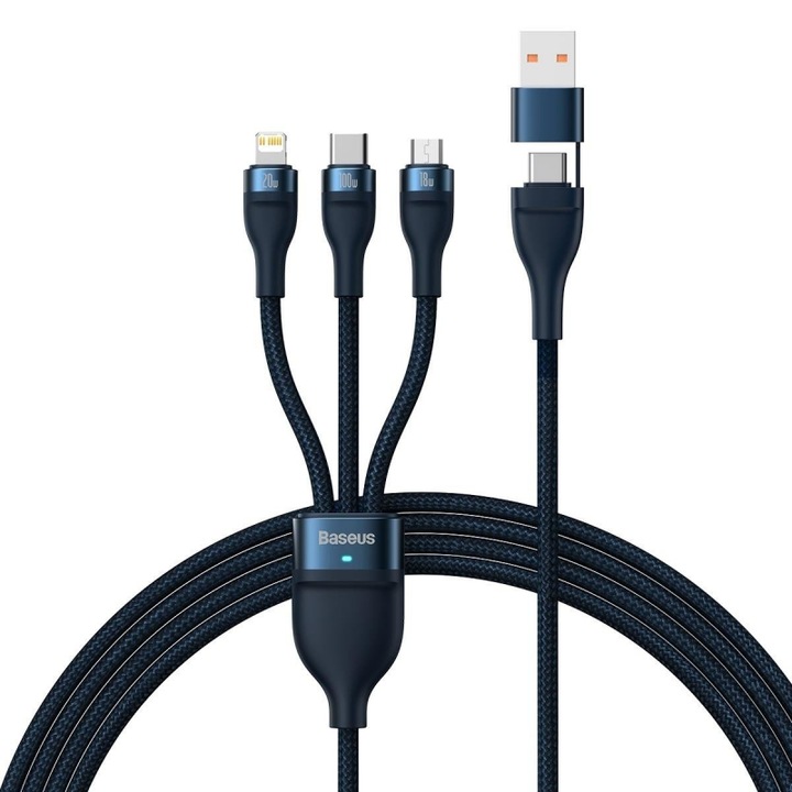 Кабел за зареждане Baseus, Flash Series II CASS030103, USB - USB Type-C към Lightning/MicroUSB/USB Type-C, 1,2 м, 100W, Тъмносин
