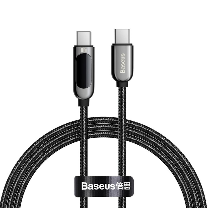 Cablu Date si Incarcare Baseus, Display CATSK-B01, USB Type-C la USB Type-C, 1m, 100W, Negru