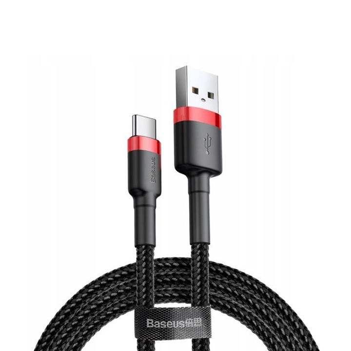 Cablu USB la Type-C, Fast Charging, 3A, 1m, R81, Aluminiu, Nailon, TPE, Baseus Cafule CATKLF E91, Negru/Rosu