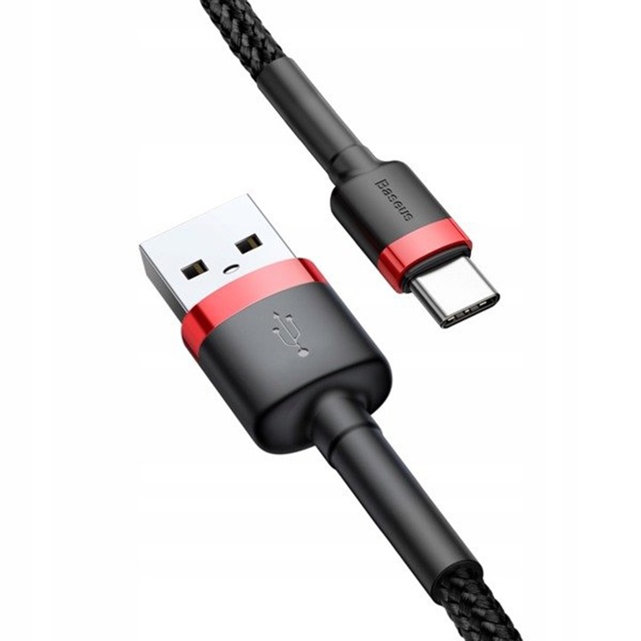 Cablu USB la Type-C, Fast Charging, 3A, 1m, R81, Aluminiu, Nailon, TPE, Baseus Cafule CATKLF E91, Negru/Rosu