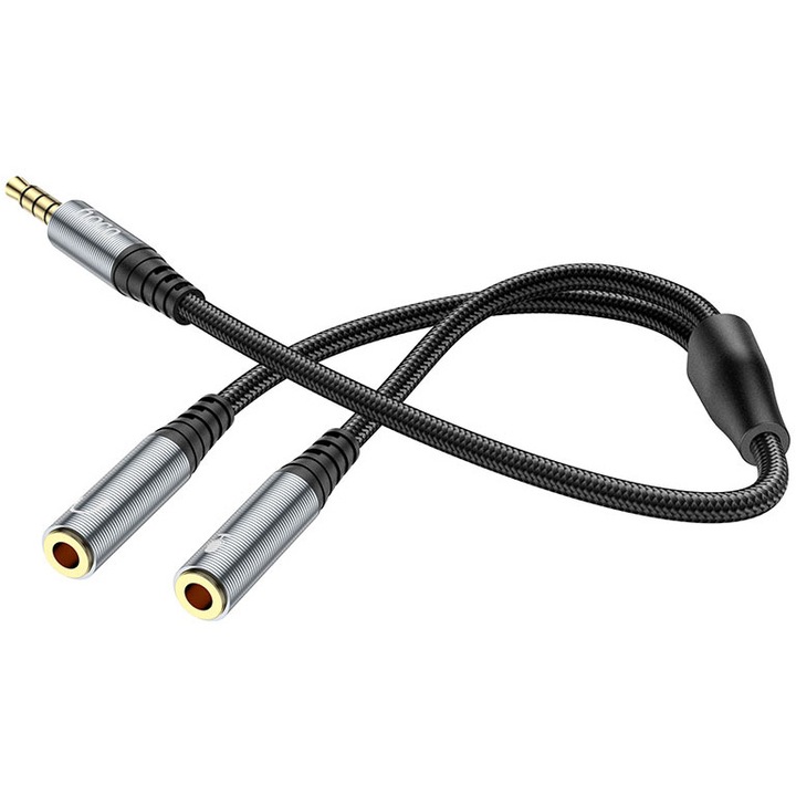 Cablu Audio HOCO, UPA21, 3.5 mm la 3.5 mm, Tata la 2 x Mama, 0.25 m, Negru