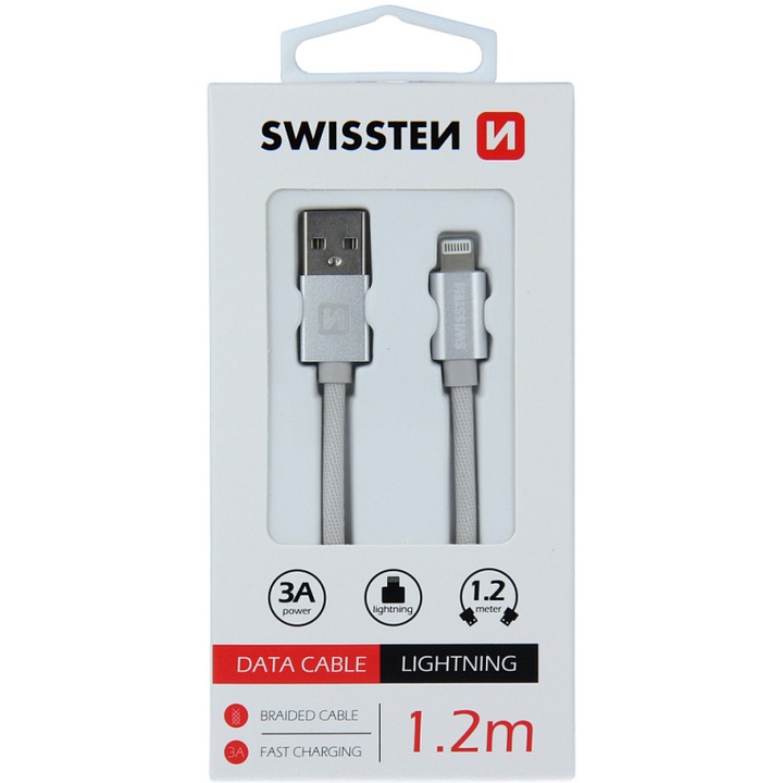 Cablu Date si Incarcare Swissten, USB la tip Lightning, 1.2m, Argintiu
