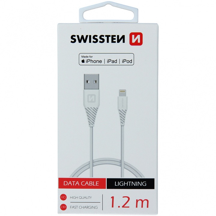 Cablu Date si Incarcare Swissten, USB la tip Lightning, 1.2m, Alb