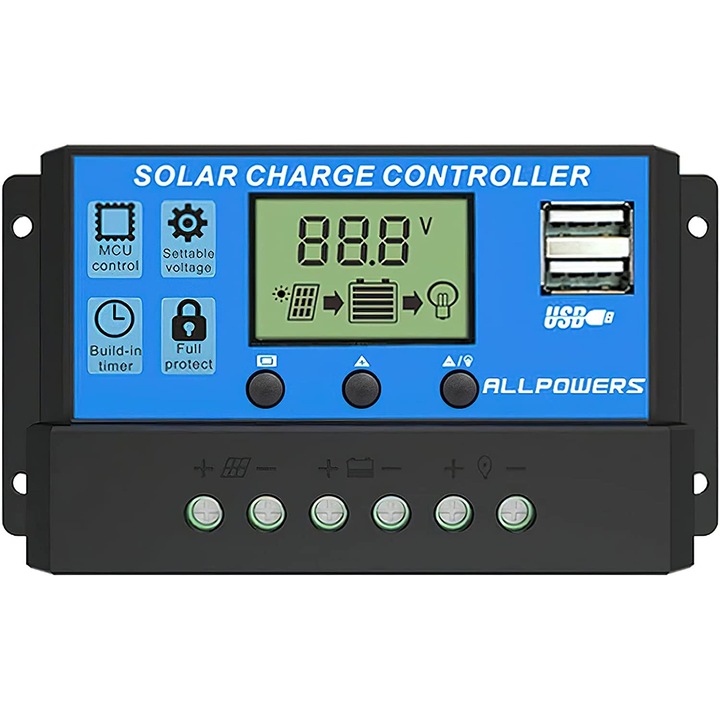 Контролер за зарядно за соларен панел, 20A, USB, 12V/24V, Многоцветен