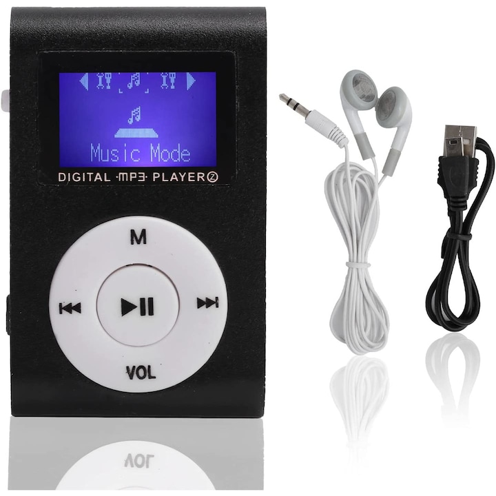 Mini MP3 player, Card memorie 32 GB, Cu casti si cablu incarcare, Negru