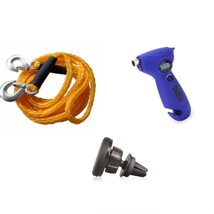 Set 3 accesorii auto, Ro Group, Cablu remorcare, Manometru 5in1, Suport maganetic telefon