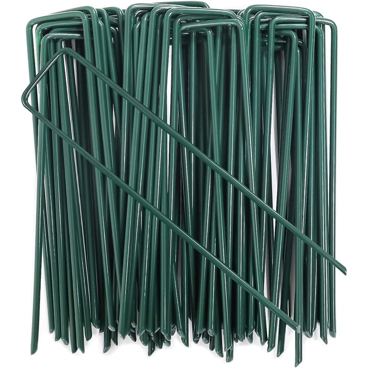 Set de 50 tarusi de fixare pentru gradina, Otel, 150x30 mm, Verde