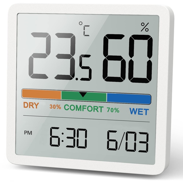 Termometru de interior, Digital, LCD, 70 x 70 x 14 mm, Alb