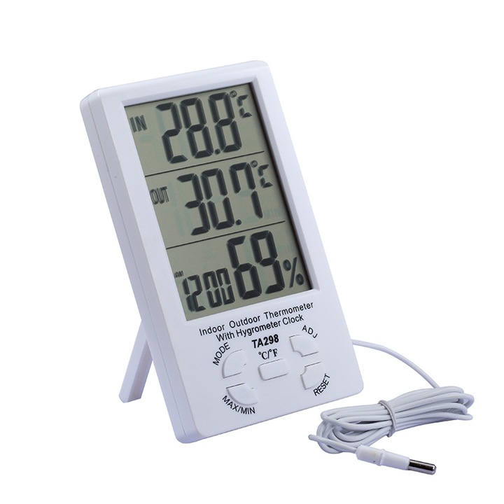 Termometru digital, LCD, Cu sonda Higrometru, Pentru interior/exterior, 66 x 92 mm, Alb