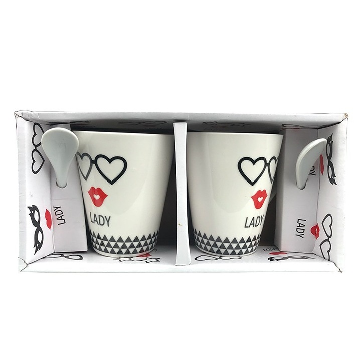 Set de doua cani cu lingurite cu text "Lady", ceramica, 23X11 cm, M3