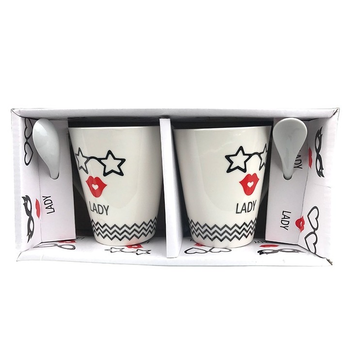 Set de doua cani cu lingurite cu text "Lady", ceramica, 23X11 cm, M2