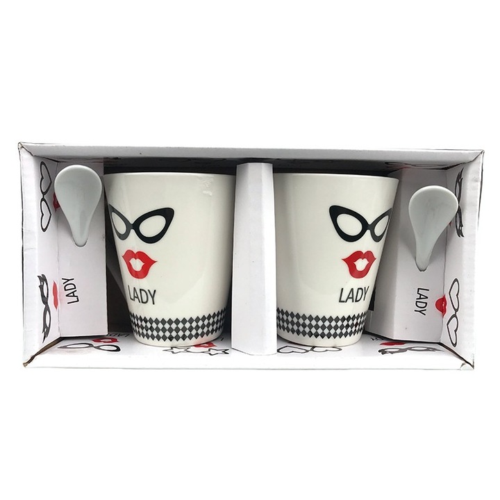 Set de doua cani cu lingurite cu text "Lady", ceramica, 23X11 cm, M4