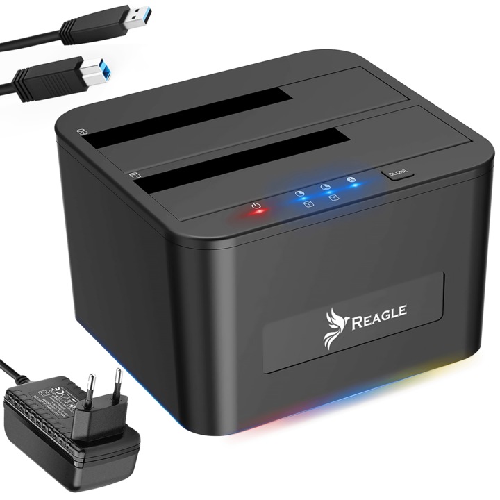 Docking station dual USB 3.1 pentru HDD SSD 2.5 3.5 inch SATA pana la 2x16TB functie clonare offline plug and play viteza 5Gbps compatibil Windows Mac OS alimentare 12V carcasa compacta Reagle