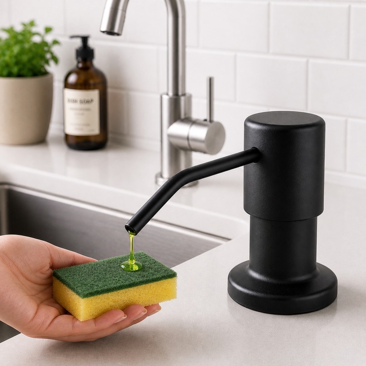 Dozator Sapun pentru Chiuveta ZEQAS, Incorporat in Blat sau Chiuveta, Dispenser Detergent Lichid Bucatarie, Cap din Otel Inoxidabil, Rezervor Mare, Negru