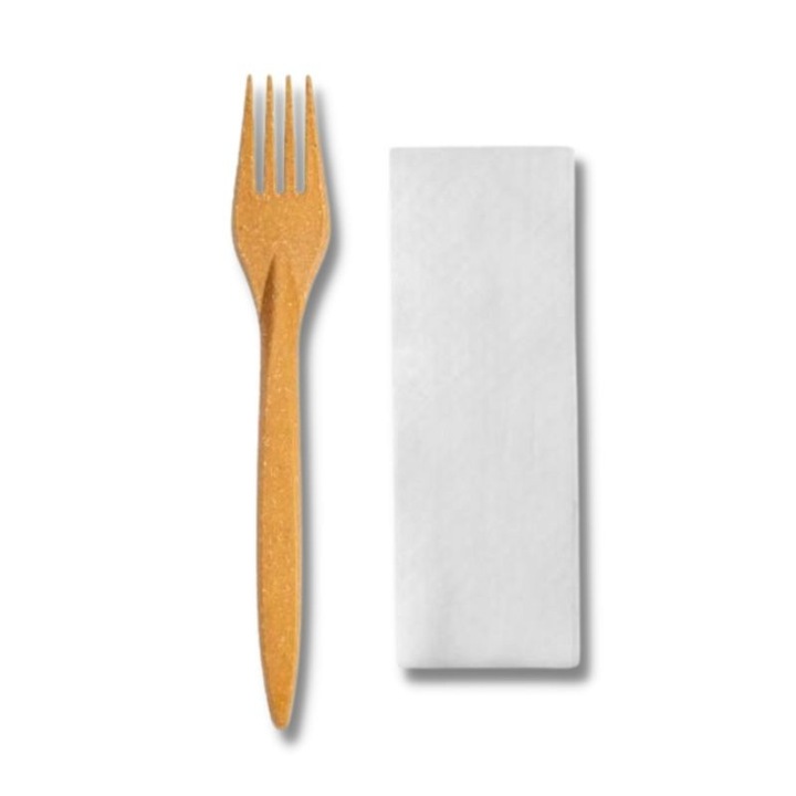 Set tacamuri reutilizabile, fibra lemnoasa, furculita si servetel, 50buc, Practic Online