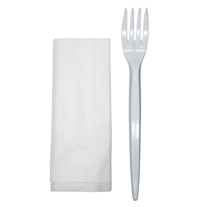 Комплект прибори Bio CPLA, бяла вилица и салфетка, 50 бр, Practical Online