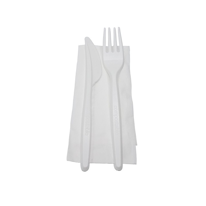Биоразградим комплект прибори, CPLA, вилица, нож и салфетка, 1000 бр., Practic Online