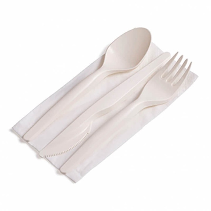 Tris комплект CPLA био прибори, вилица, лъжица, нож и салфетка, 800 бр, Practical Online