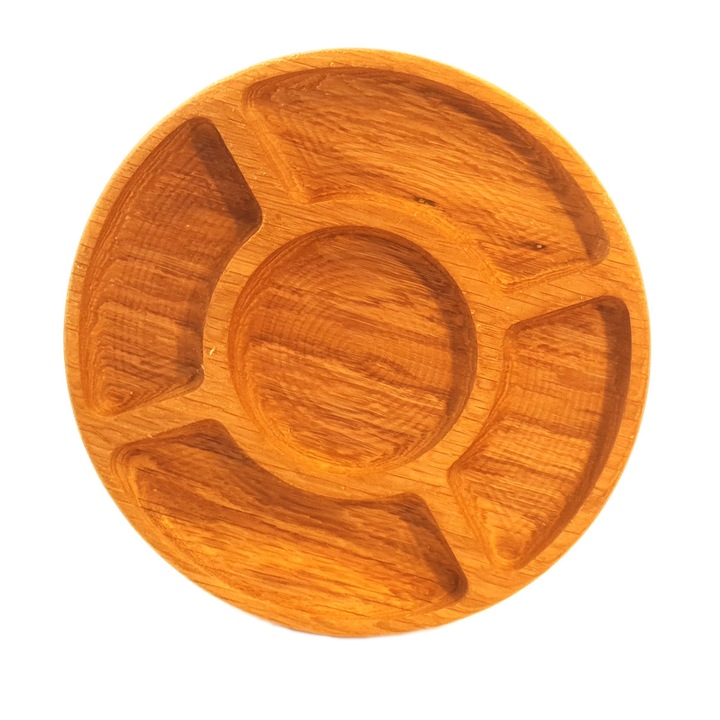 Platou de servire rotund cu 5 compartimente din lemn masiv de stejar Romanesc, rustic 20cm