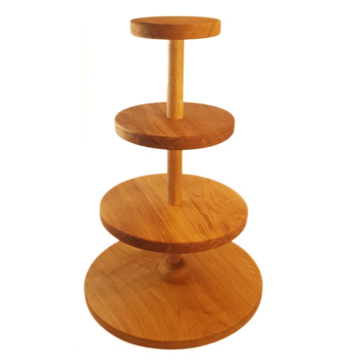 Suport prajituri pe 4 nivele, etajera rotunda din lemn de stejar Romanesc, 40cm