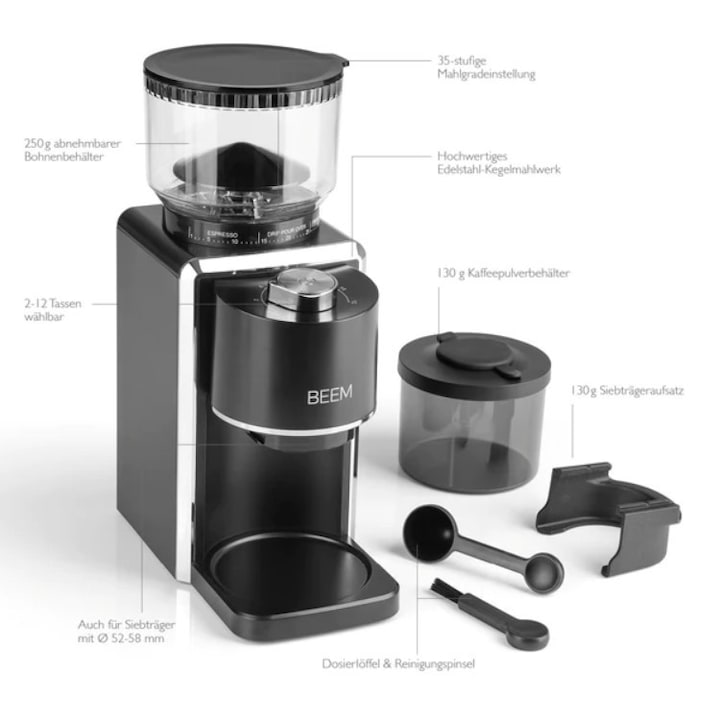 Rasnita electrica de cafea BEEM, Grind-Perfect, 35 setari macinare, recipient boabe 250 g, setare dozare 2-12 cesti, oprire automata, con din otel inoxidabil, recipient depozitare inclus, negru