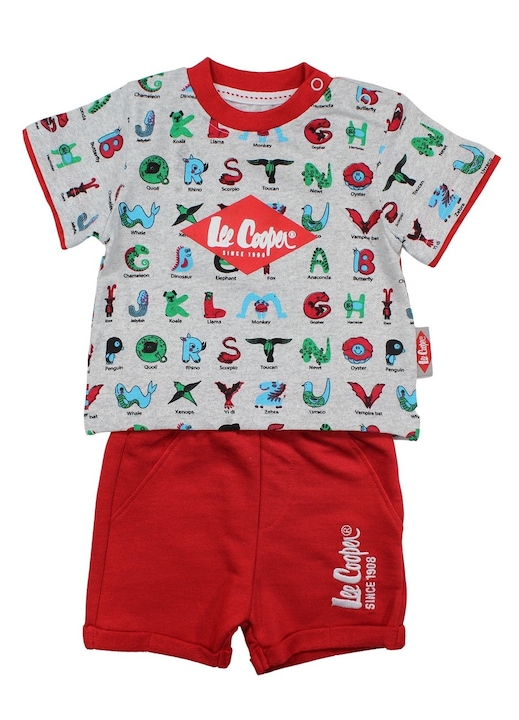 Compleu Lee Cooper, Set haine copii din 2 piese, Tricou cu Alfabet Gri si Pantaloni Rosii, 6 Luni