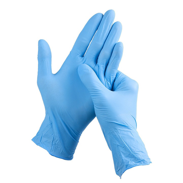 Set 100 manusi protectie, Unica folosinta, Fara talc, Nitril, Albastru, S