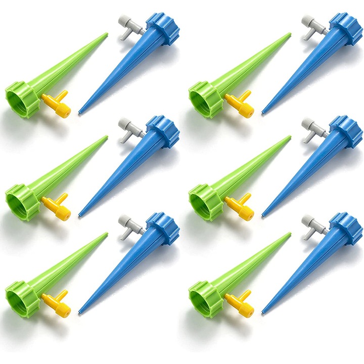 Set 12 picuratoare pentru plante in ghiveci, Autoirigare, Plastic, Albastru/Verde, 13.5x3 cm