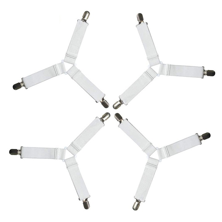 Set 4 elastice prindere cearsaf QHYKKYJ, triunghiular, ajustabil, alb