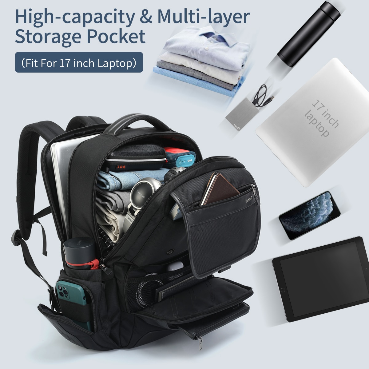 Rucsac laptop 17", smart business pentru calatorii, Tigernu, 32x20x47 cm, Negru