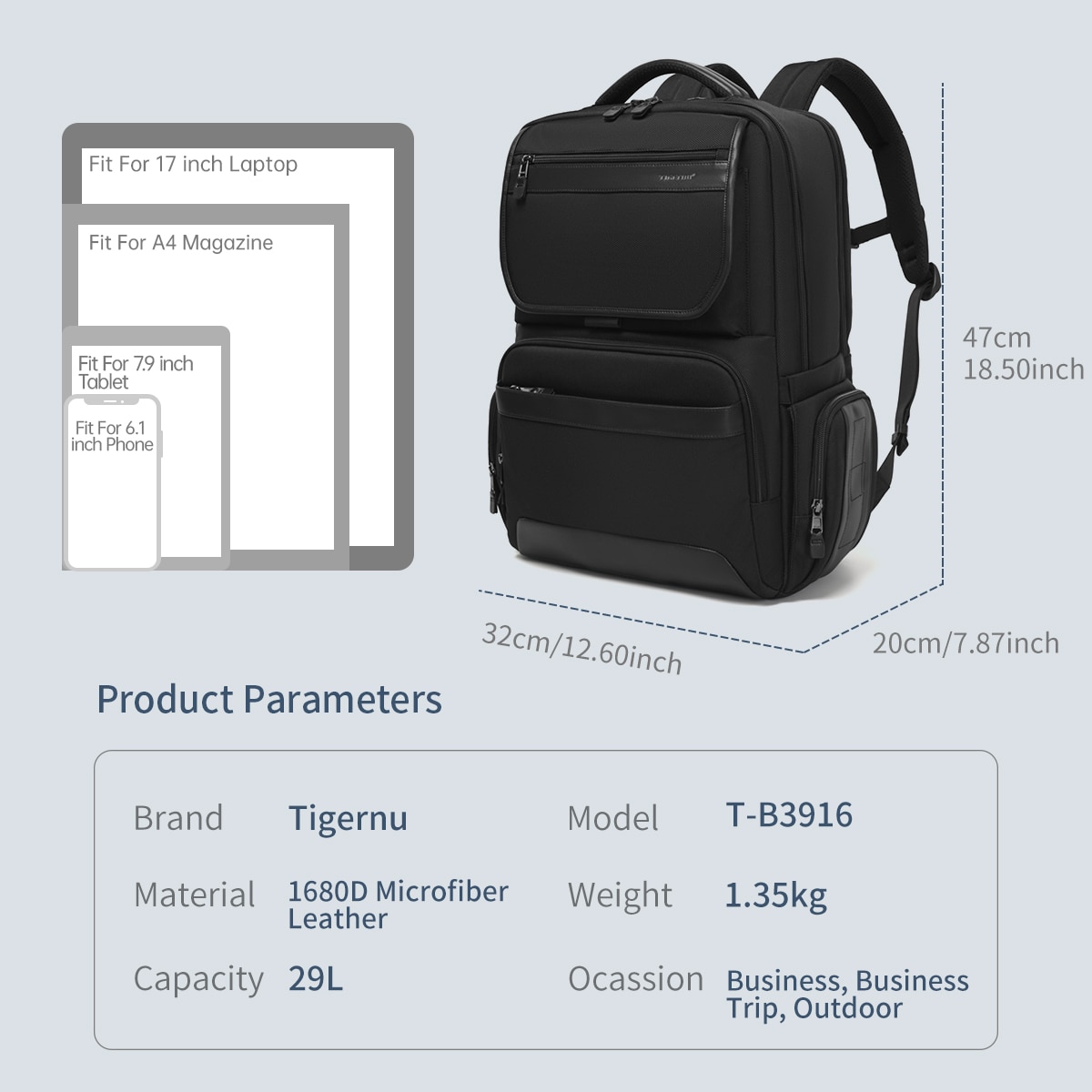 Rucsac laptop 17", smart business pentru calatorii, Tigernu, 32x20x47 cm, Negru