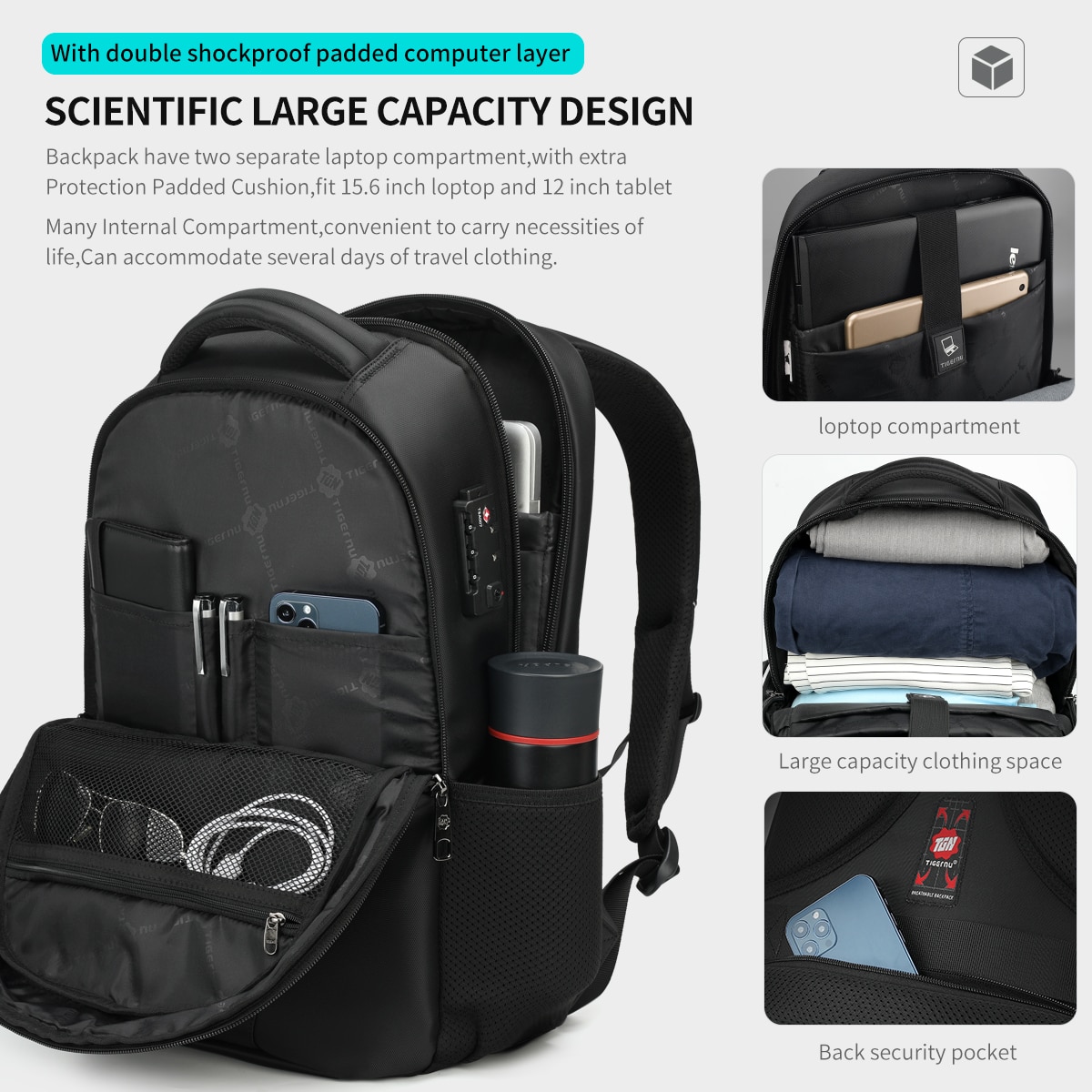 Rucsac laptop 17", smart casual pentru calatorii, expandabil, cu cifru TSA antifurt si port USB, Tigernu, 35x15x48 cm, Negru