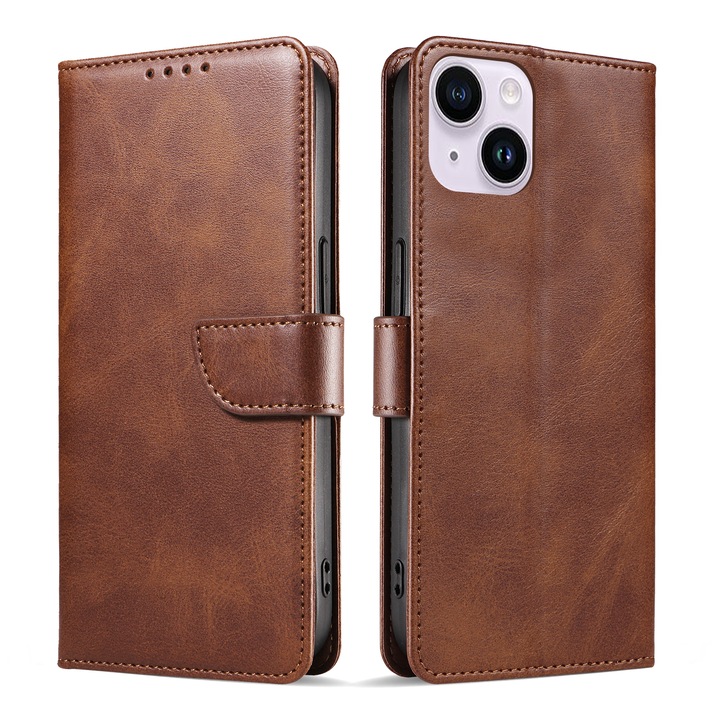 Bőr tok iPhone 13 Minihez, mágneses záródású, pénztárca, sötétbarna