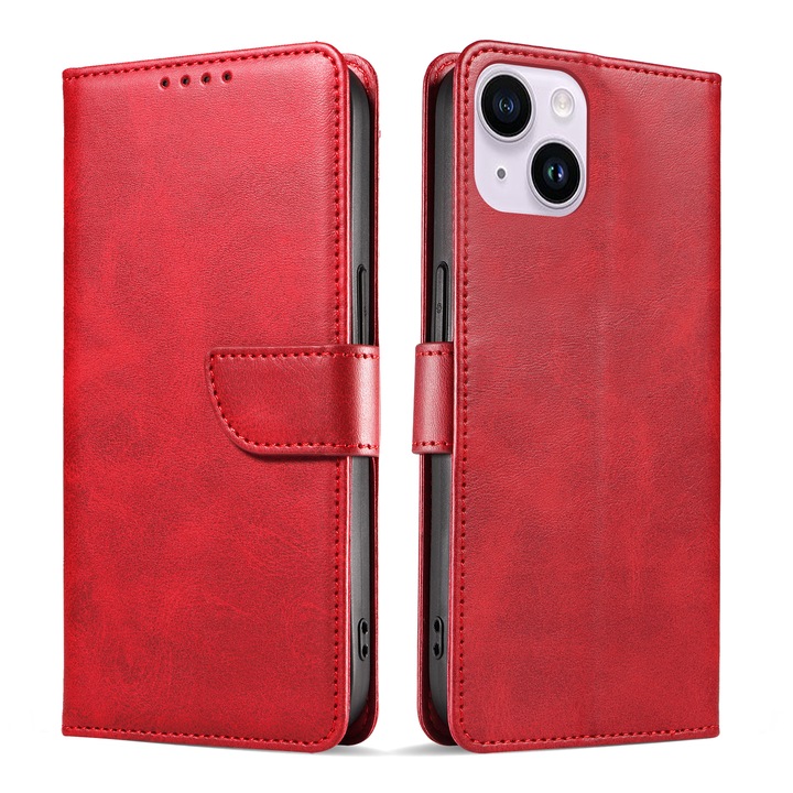 Bőr tok iPhone 13 Minihez, mágneses záródású, pénztárca, borvörös