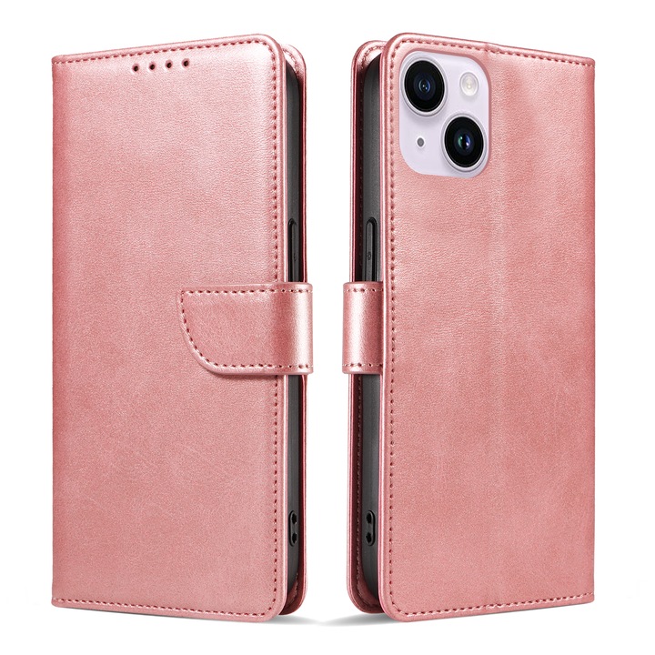 iPhone 13 Mini bőrtok, mágneses záródás, pénztárca, rózsahamu