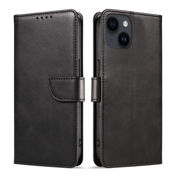 iPhone 14 Plus bőrtok, mágneses záródás, kártyatartó, állvány, fekete