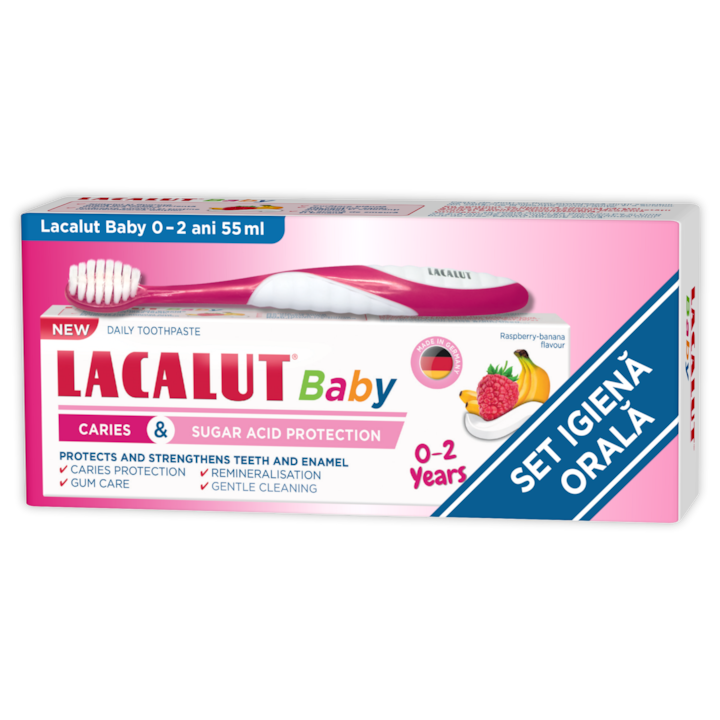Комплект: Паста за зъби Lacalut Baby, 0-2 години, Защита срещу кариес и захари, 55 мл + Четка за зъби