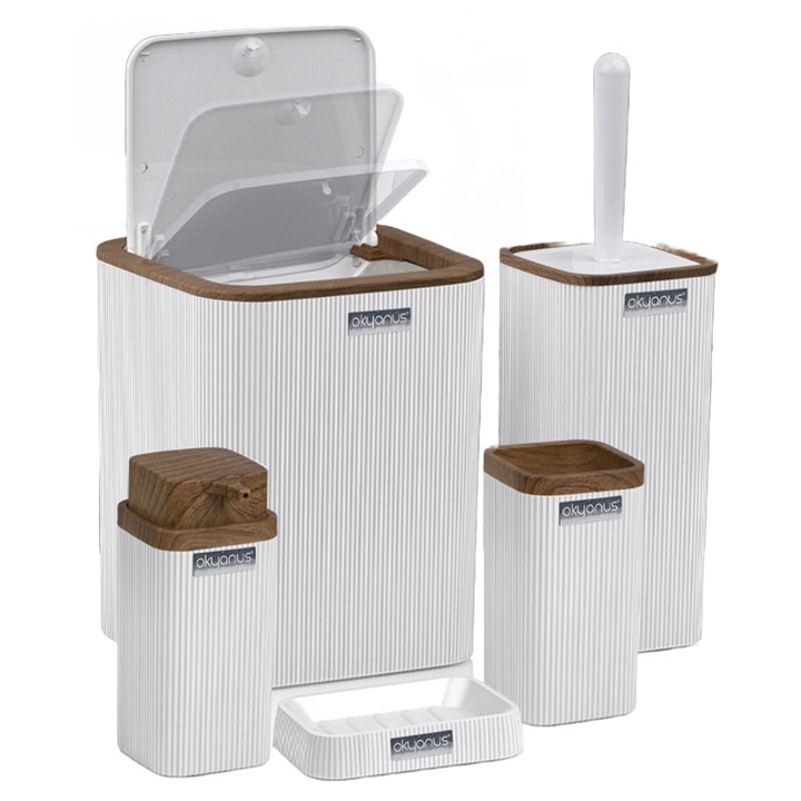 Комплект за баня Freehome OKY-461-3-B, 5 части, Дървен/Бял райе