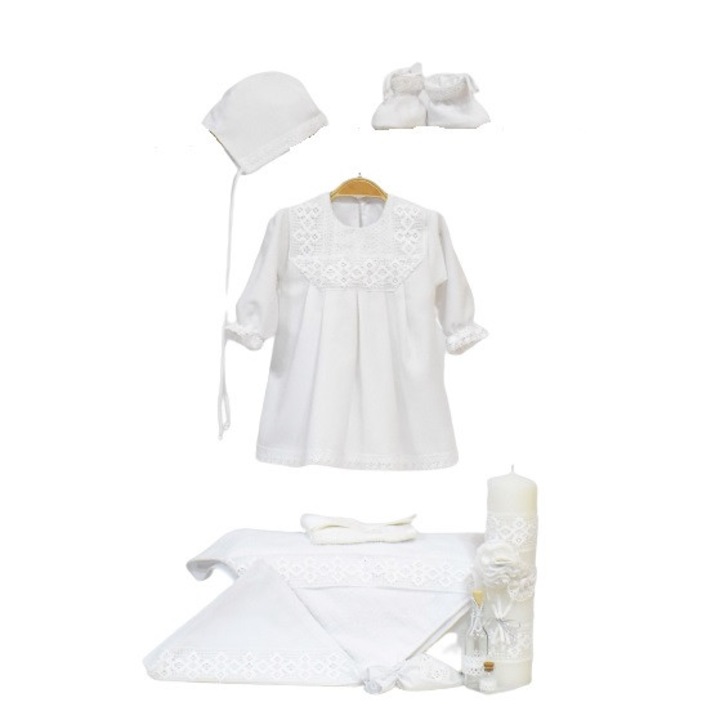 Set alb pentru botez fetite Odorul Mamei- rochita, boneta, botosei, trusou si lumanare parafina- Geometrie Alba 0-3 luni