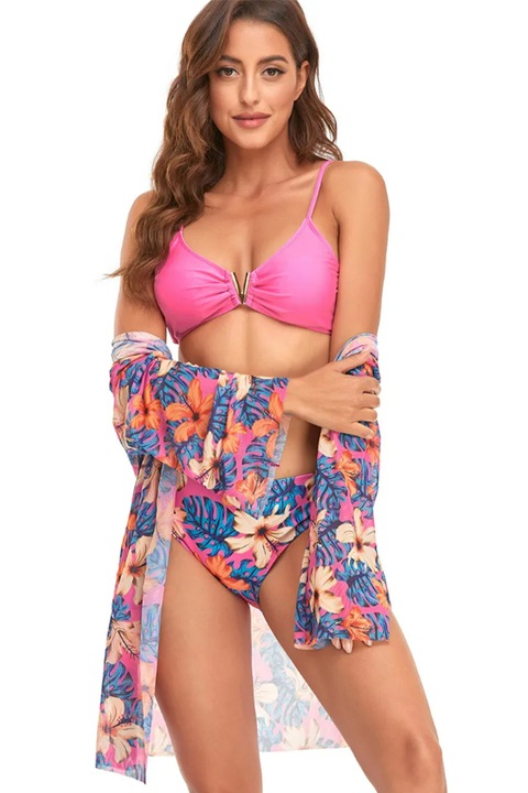 Дамски бански 3 части, флорален десен, сутиен с метален аксесоар, класически бикини и покривало с дълъг ръкав, EFAYN, Розово