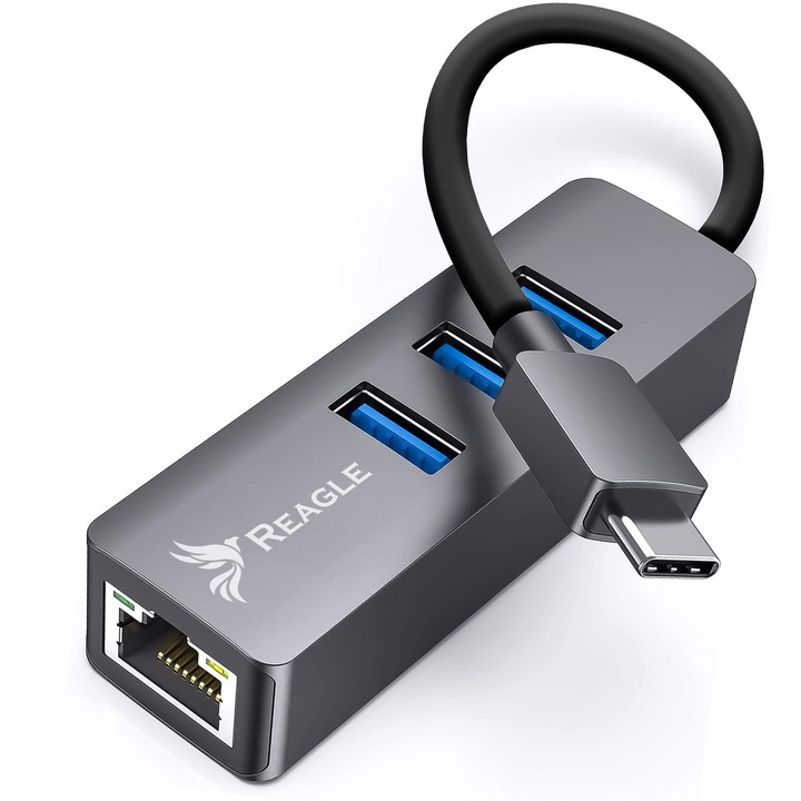 HUB 4 az 1-ben USB Type-C Reagle Adapter Multiport USB C Gigabit Ethernet RJ-45, USB-C 3.1 Aluminium Silver