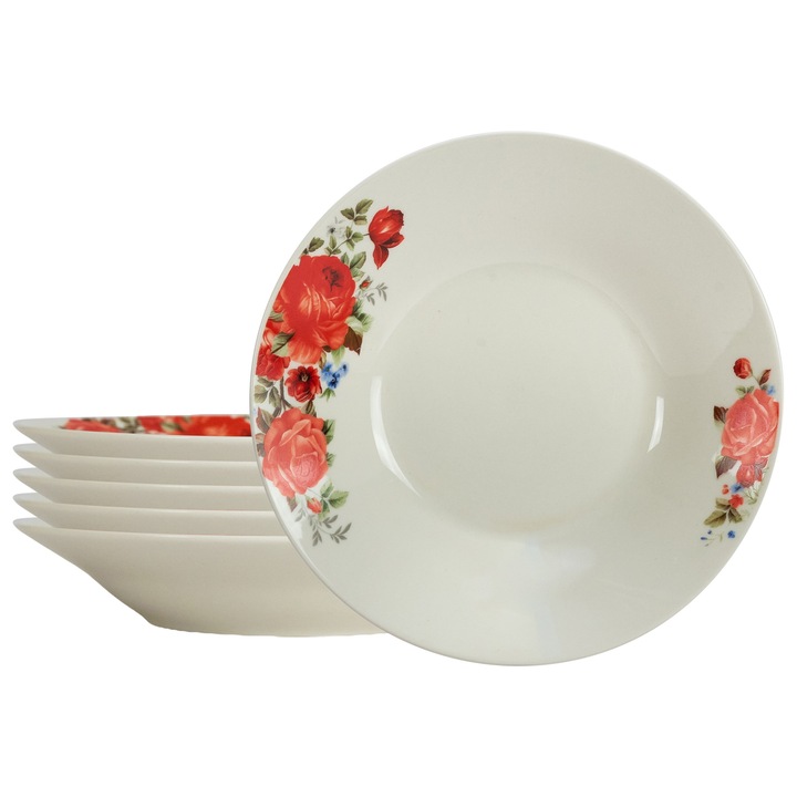 Set 6 farfurii adanci, German Quality, Portelan, 20 cm, Alb cu trandafir rosu