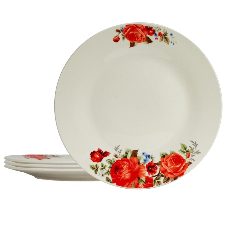 Set 4 farfurii intinse, German Quality, Portelan, 23 cm, Alb cu trandafir rosu