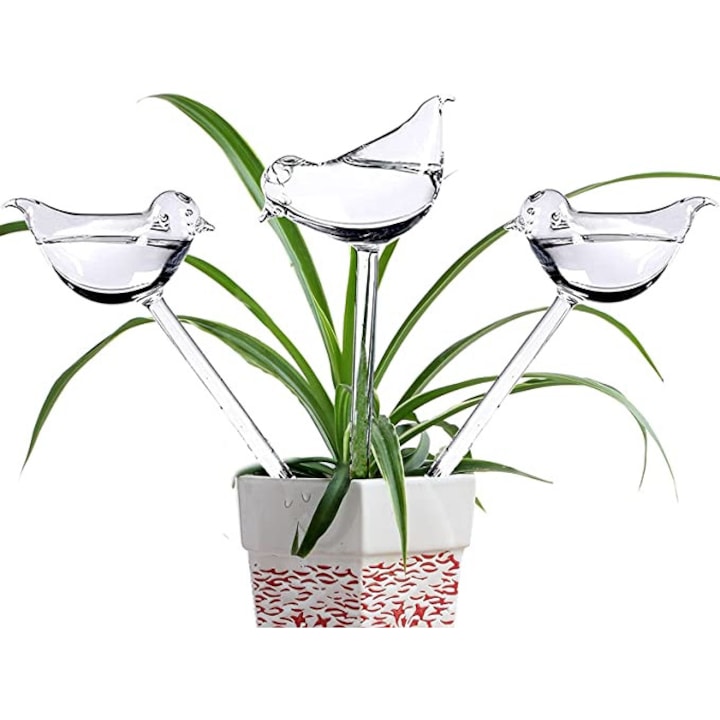 Set 6 accesorii udare plante, Sticla, In forma de pasare, Transparent