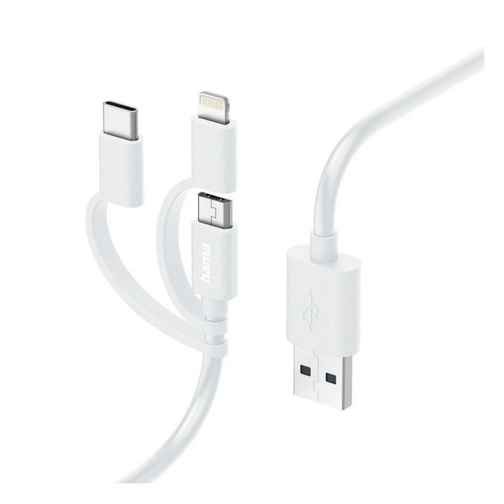 Кабел HAMA 3 в 1, USB-A - Micro-USB, USB-C и Lightning, 1.0 м., Бял