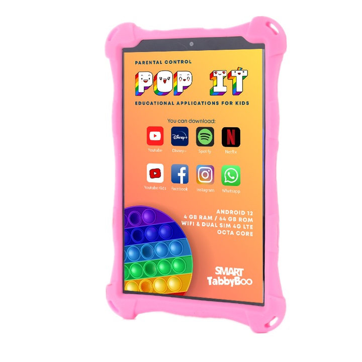SMART TabbyBoo Popit táblagép, 64 GB, 4 GB RAM, Android 12 szülői felügyelettel, Wi-Fi és SIM 4G LTE, 8" IPS képernyő, játékok és oktatási tevékenységek gyerekeknek - rózsaszín