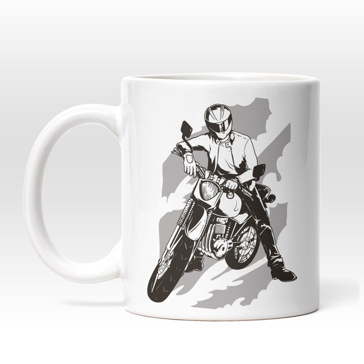 Cana Cu Om Pe Motocicleta, Motociclist, Motor Cu Viteza Mare, Adrenalina, Echipament Pentru Motociclisti, Alb Negru, 330 ml, Maner Alb