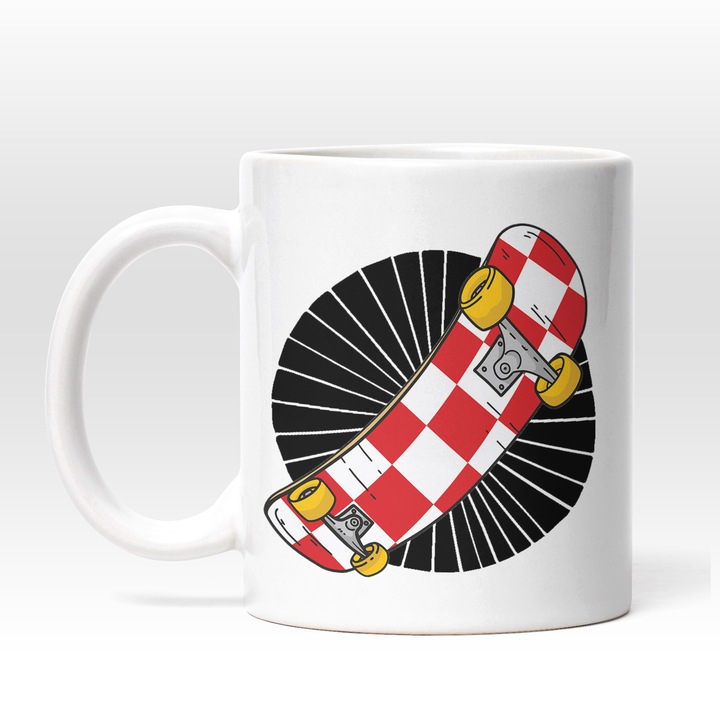 Cana Cu Skateboard Colorate In Patratele Rosii Albe, Roti Portocalii, Skateboarding, Viata DE Strada, SF, 330 ml, Maner Alb