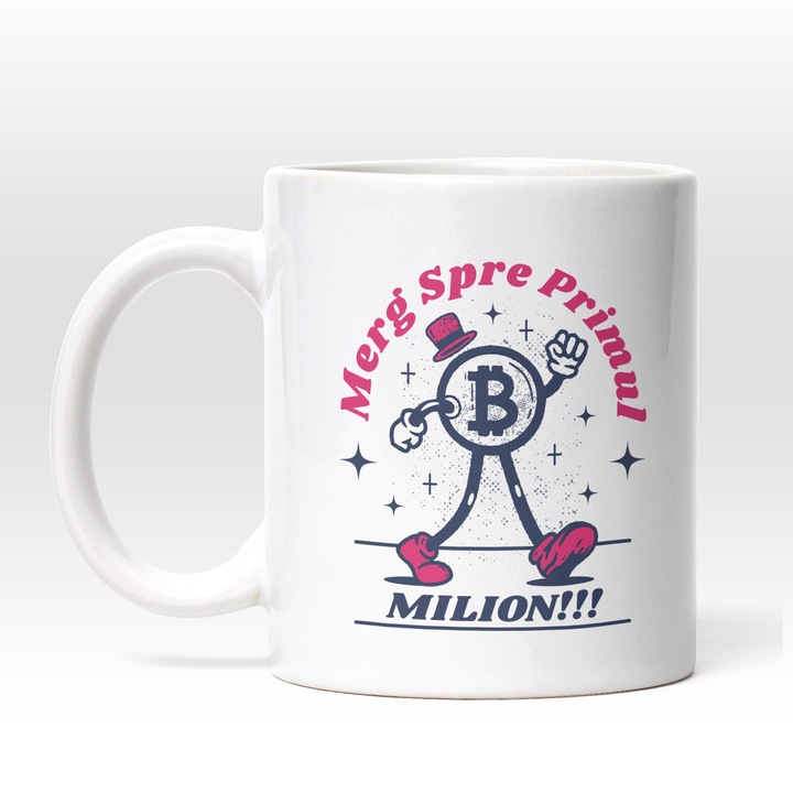 Cana Cu Omulet Cu Palarie Roz Bitcoin, Text Merg Spre Primul Milion! Monede Virtuale, Multcolor, 330 ml, Maner Alb